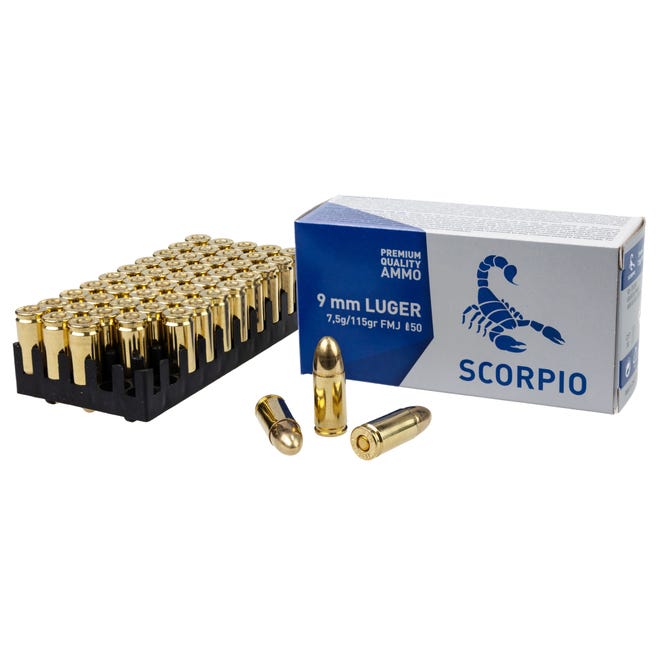 STV Technology Scorpio 9mm 115 gr FMJ 50rds Handgun Ammo for Dependable Shooting - S9MM115F
